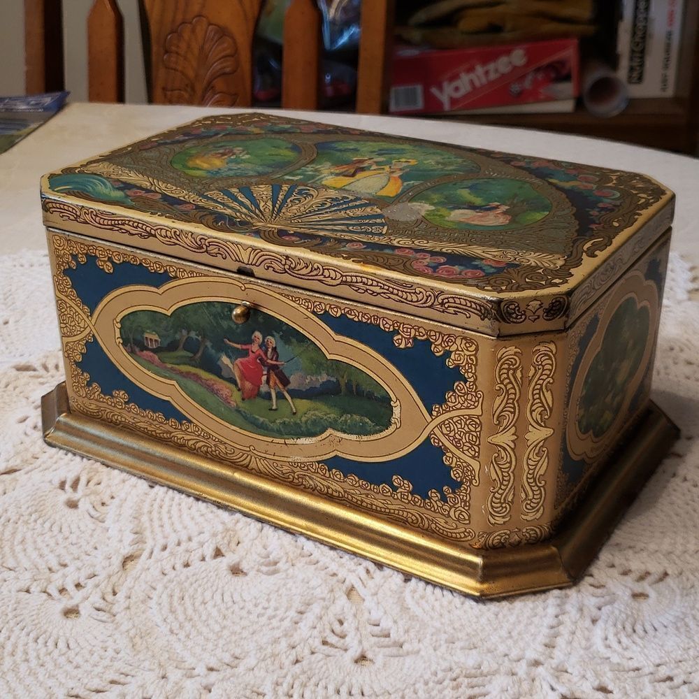 Vintage Metal Hinged Artstyle Chocolates Candy Box Tin w/ Victorian Scenes